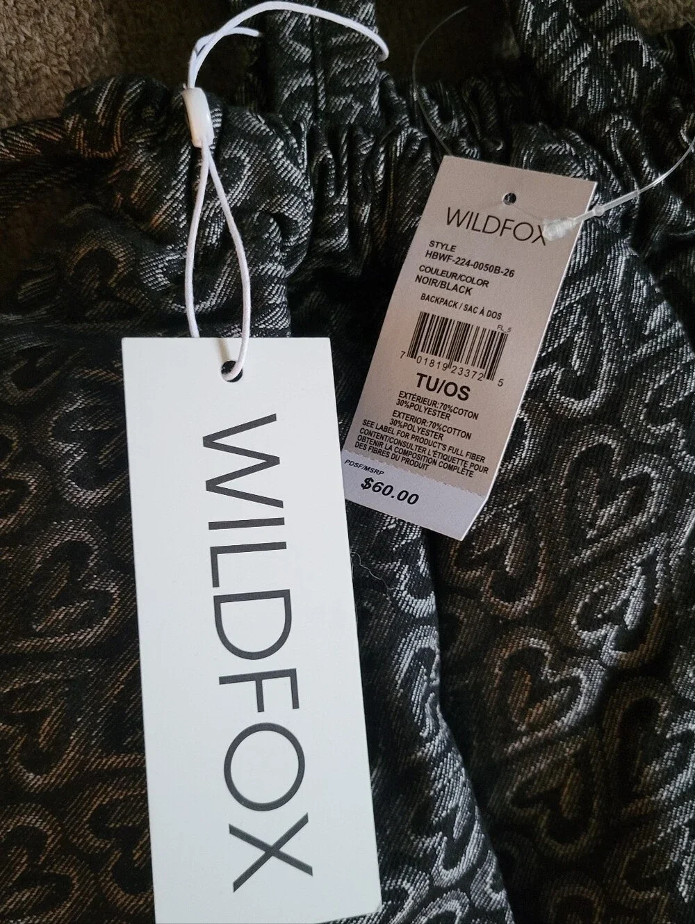 NWT Wildfox Black & Gray Heart Print Drawstring Backpack